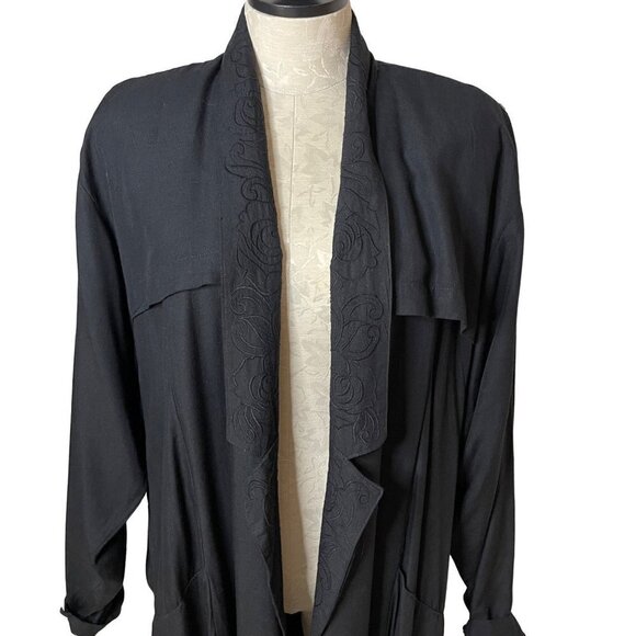 Surya Womens Duster Black Size Large Vintage Open Front Embroidered Rayon Pocket - Picture 15 of 16